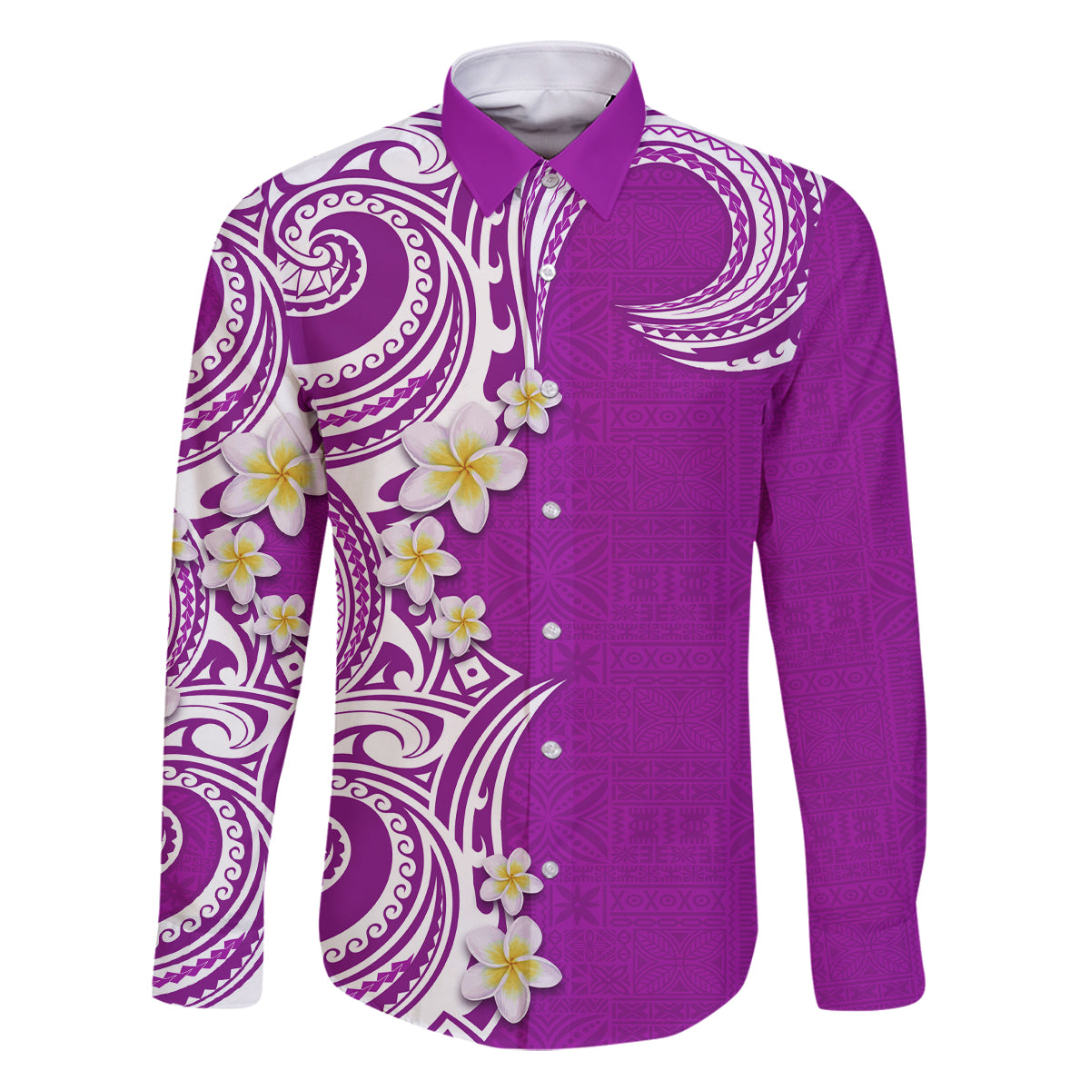 Aloha Polynesian Plumeria Flower Family Matching Off The Shoulder Long Sleeve Dress and Hawaiian Shirt Purple Color