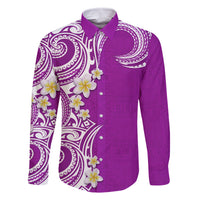 Aloha Polynesian Plumeria Flower Family Matching Off Shoulder Maxi Dress and Hawaiian Shirt Purple Color LT03 Dad's Shirt - Long Sleeve Purple - Polynesian Pride