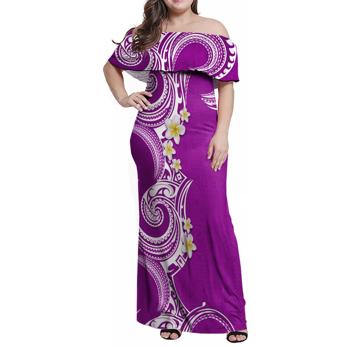 Aloha Polynesian Plumeria Flower Family Matching Off Shoulder Maxi Dress and Hawaiian Shirt Purple Color LT03 Mom's Dress Purple - Polynesian Pride