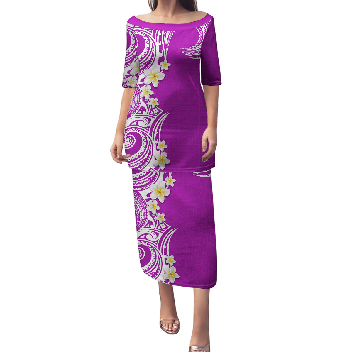 Aloha Polynesian Plumeria Flower Family Matching Puletasi and Hawaiian Shirt Purple Color LT03 Mom's Dress Purple - Polynesian Pride