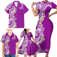 Aloha Polynesian Plumeria Flower Family Matching Short Sleeve Bodycon Dress and Hawaiian Shirt Purple Color