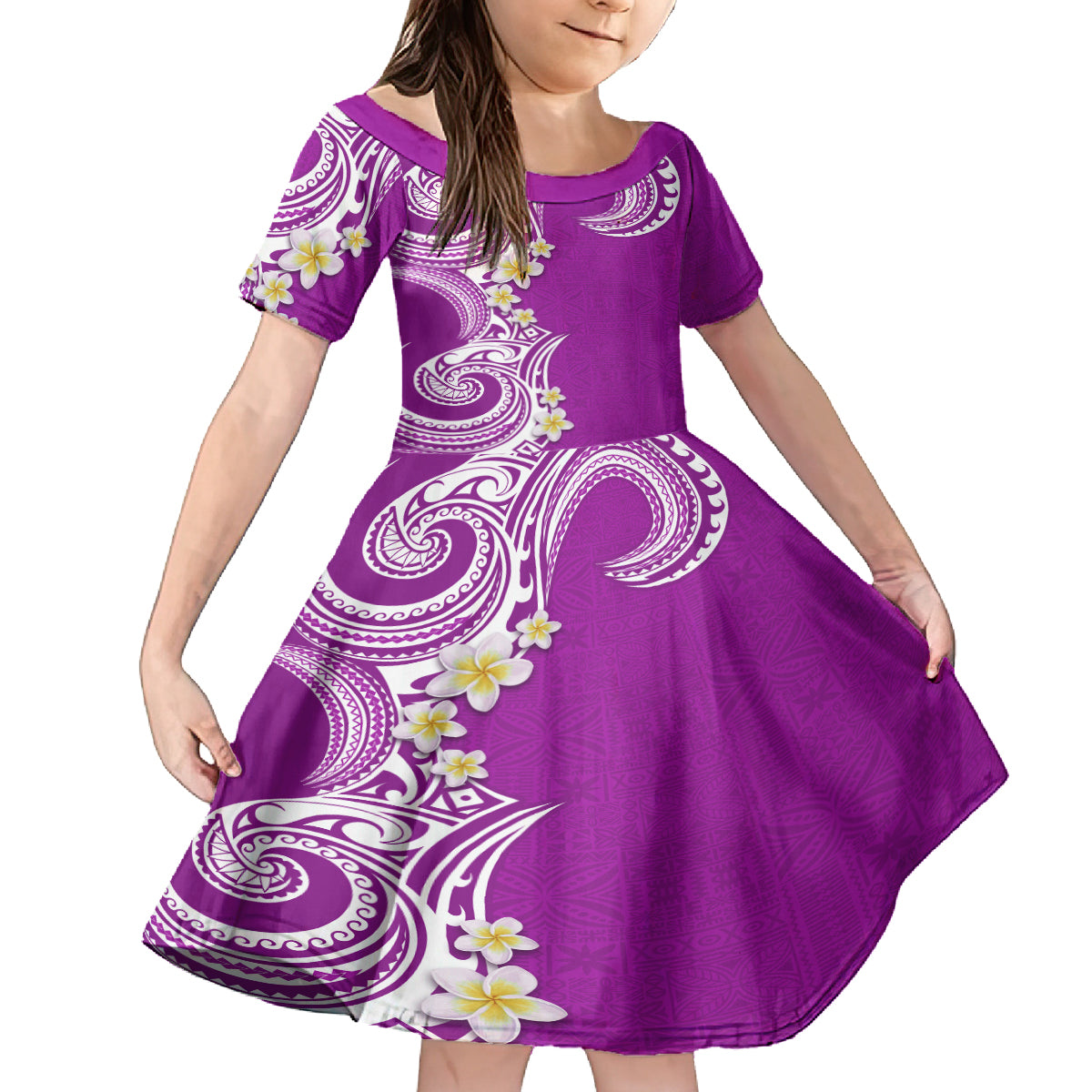 Aloha Polynesian Plumeria Flower Family Matching Tank Maxi Dress and Hawaiian Shirt Purple Color