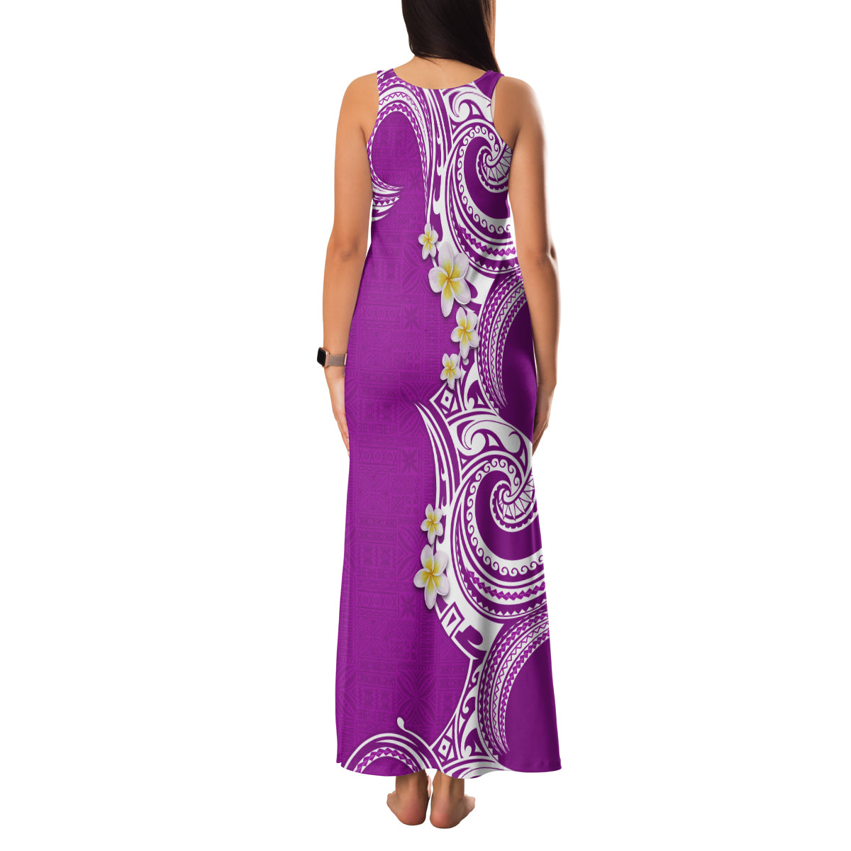 Aloha Polynesian Plumeria Flower Family Matching Tank Maxi Dress and Hawaiian Shirt Purple Color