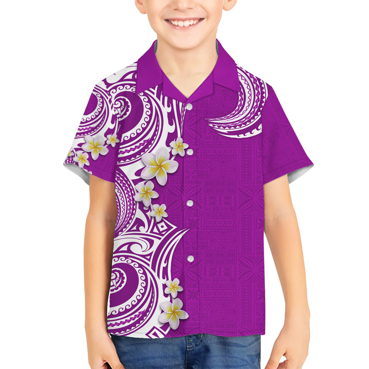 Aloha Polynesian Plumeria Flower Family Matching Tank Maxi Dress and Hawaiian Shirt Purple Color