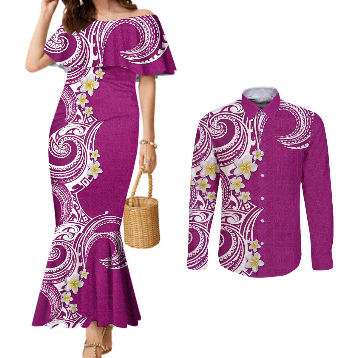 Aloha Polynesian Plumeria Flower Couples Matching Mermaid Dress and Long Sleeve Button Shirt Pink Color