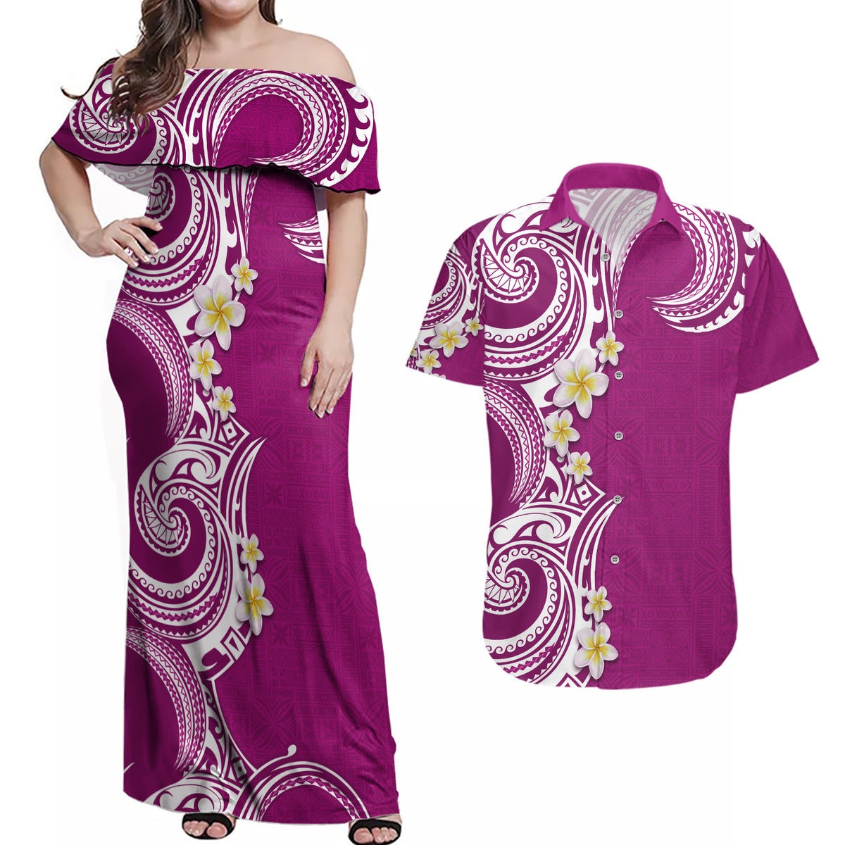 Aloha Polynesian Plumeria Flower Couples Matching Off Shoulder Maxi Dress and Hawaiian Shirt Pink Color LT03 Pink - Polynesian Pride