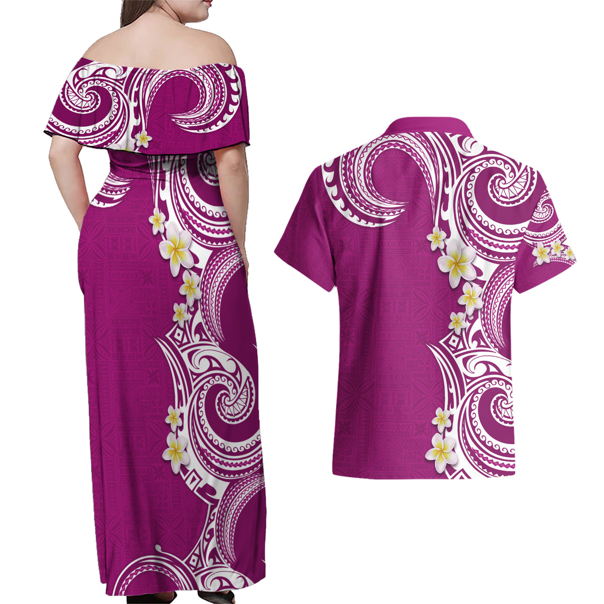 Aloha Polynesian Plumeria Flower Couples Matching Off Shoulder Maxi Dress and Hawaiian Shirt Pink Color LT03 - Polynesian Pride