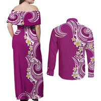 Aloha Polynesian Plumeria Flower Couples Matching Off Shoulder Maxi Dress and Long Sleeve Button Shirt Pink Color