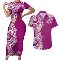 Aloha Polynesian Plumeria Flower Couples Matching Short Sleeve Bodycon Dress and Hawaiian Shirt Pink Color LT03 Pink - Polynesian Pride