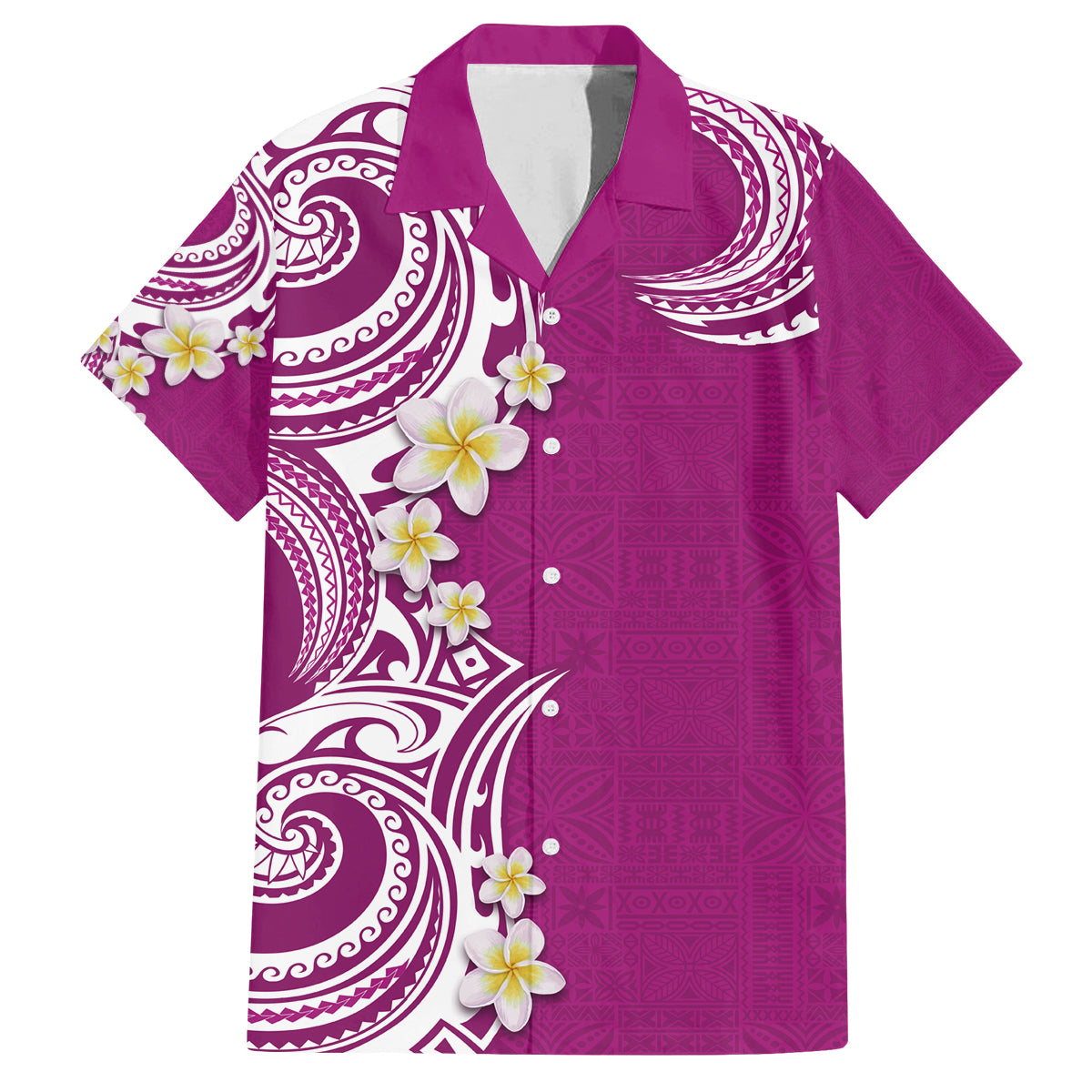 Aloha Polynesian Plumeria Flower Family Matching Long Sleeve Bodycon Dress and Hawaiian Shirt Pink Color
