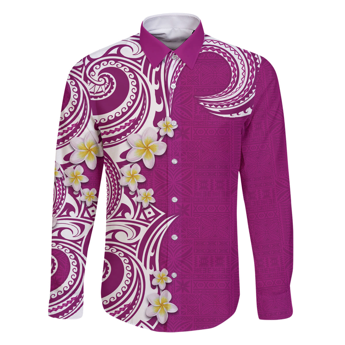 Aloha Polynesian Plumeria Flower Family Matching Mermaid Dress and Hawaiian Shirt Pink Color LT03 Dad's Shirt - Long Sleeve Pink - Polynesian Pride