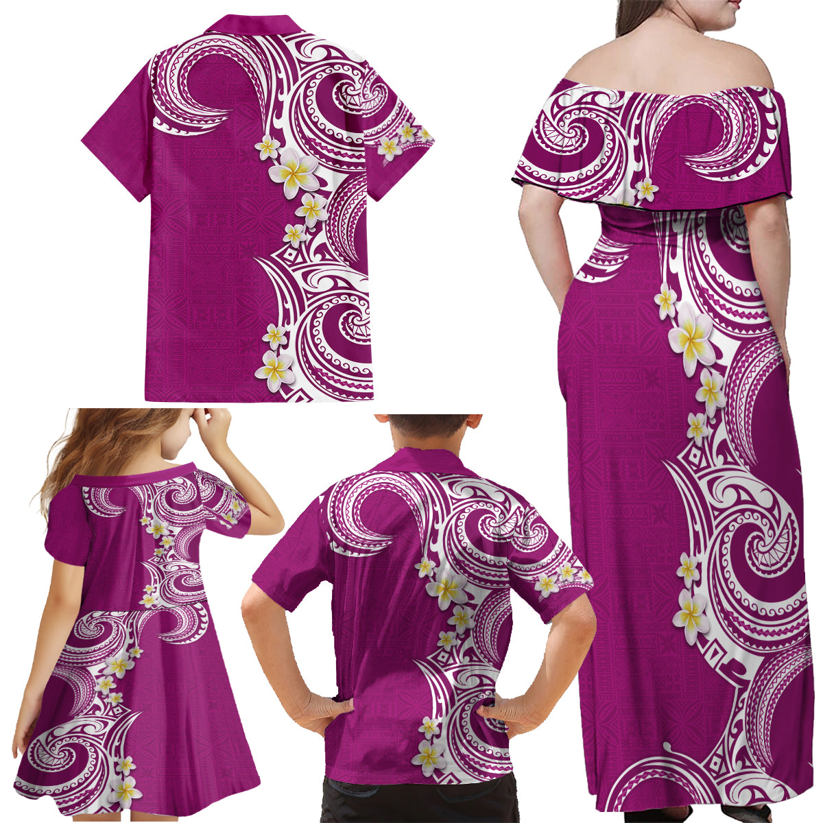 Aloha Polynesian Plumeria Flower Family Matching Off Shoulder Maxi Dress and Hawaiian Shirt Pink Color LT03 - Polynesian Pride
