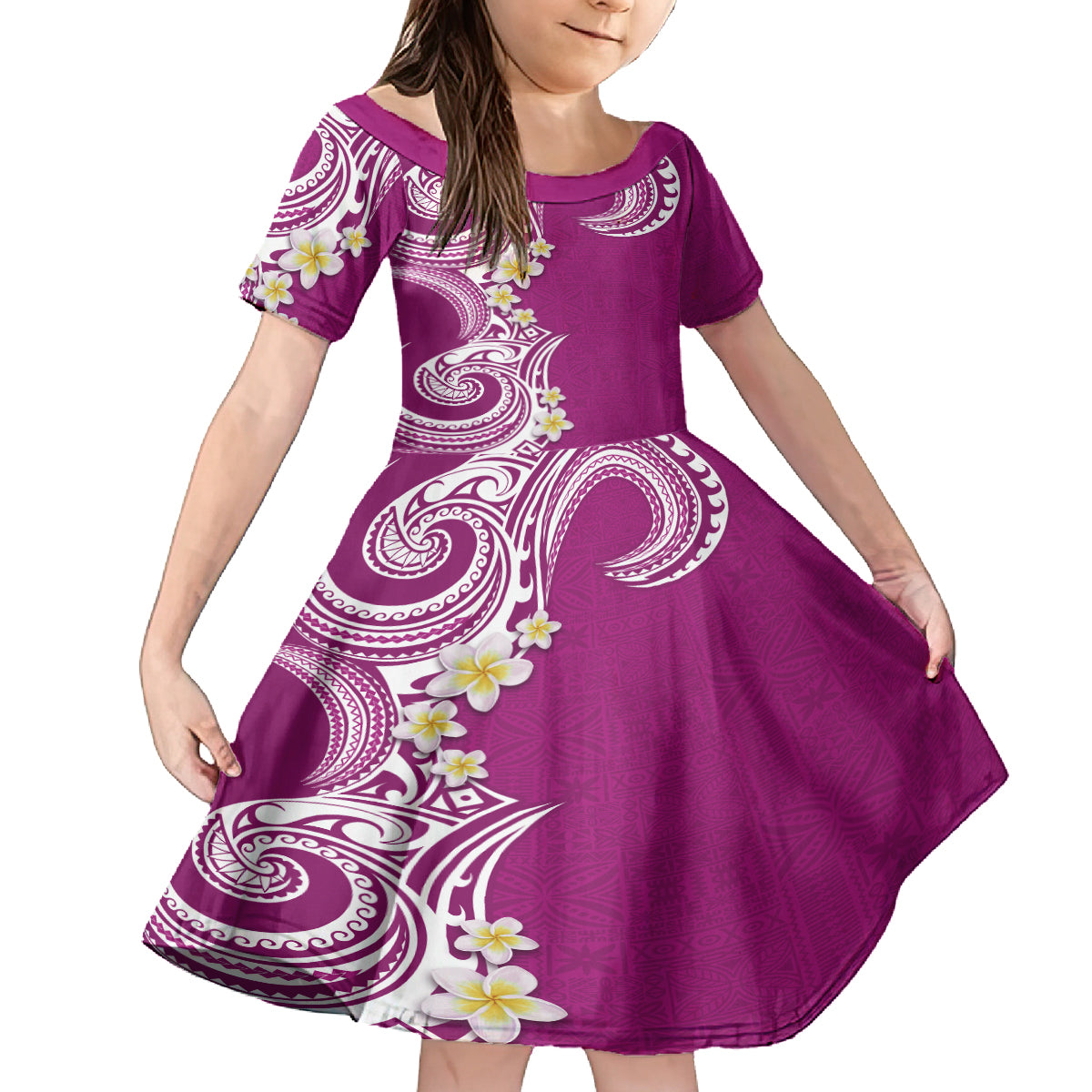 Aloha Polynesian Plumeria Flower Family Matching Puletasi and Hawaiian Shirt Pink Color LT03 Daughter's Dress Pink - Polynesian Pride