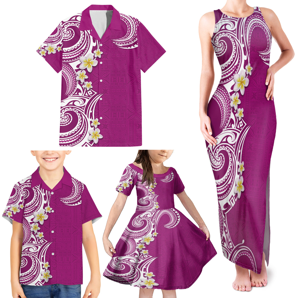 Aloha Polynesian Plumeria Flower Family Matching Tank Maxi Dress and Hawaiian Shirt Pink Color