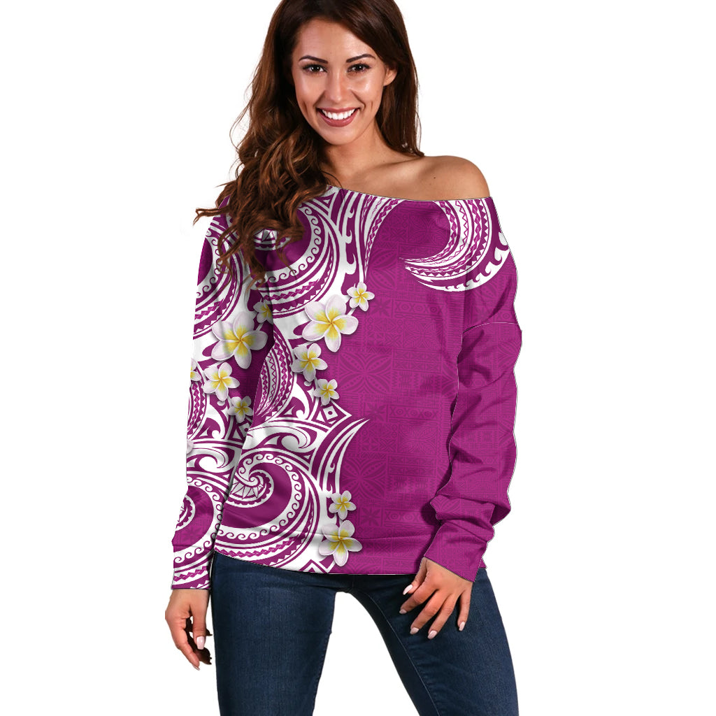 Aloha Polynesian Plumeria Flower Off Shoulder Sweater Pink Color LT03 Women Pink - Polynesian Pride