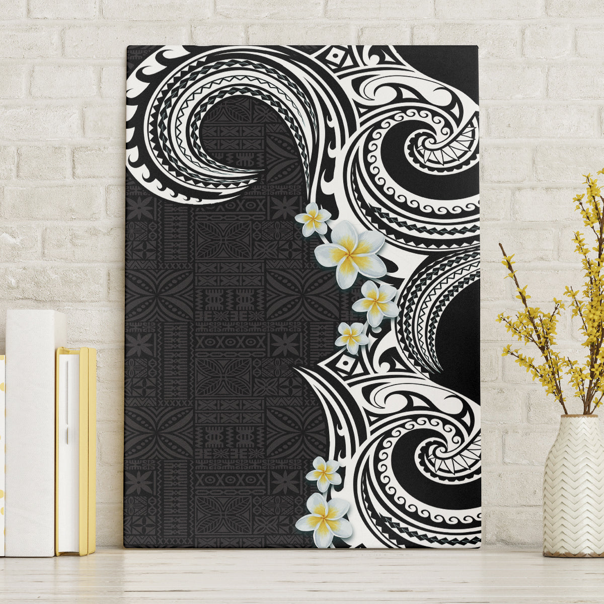 Aloha Polynesian Plumeria Flower Canvas Wall Art Black White Color