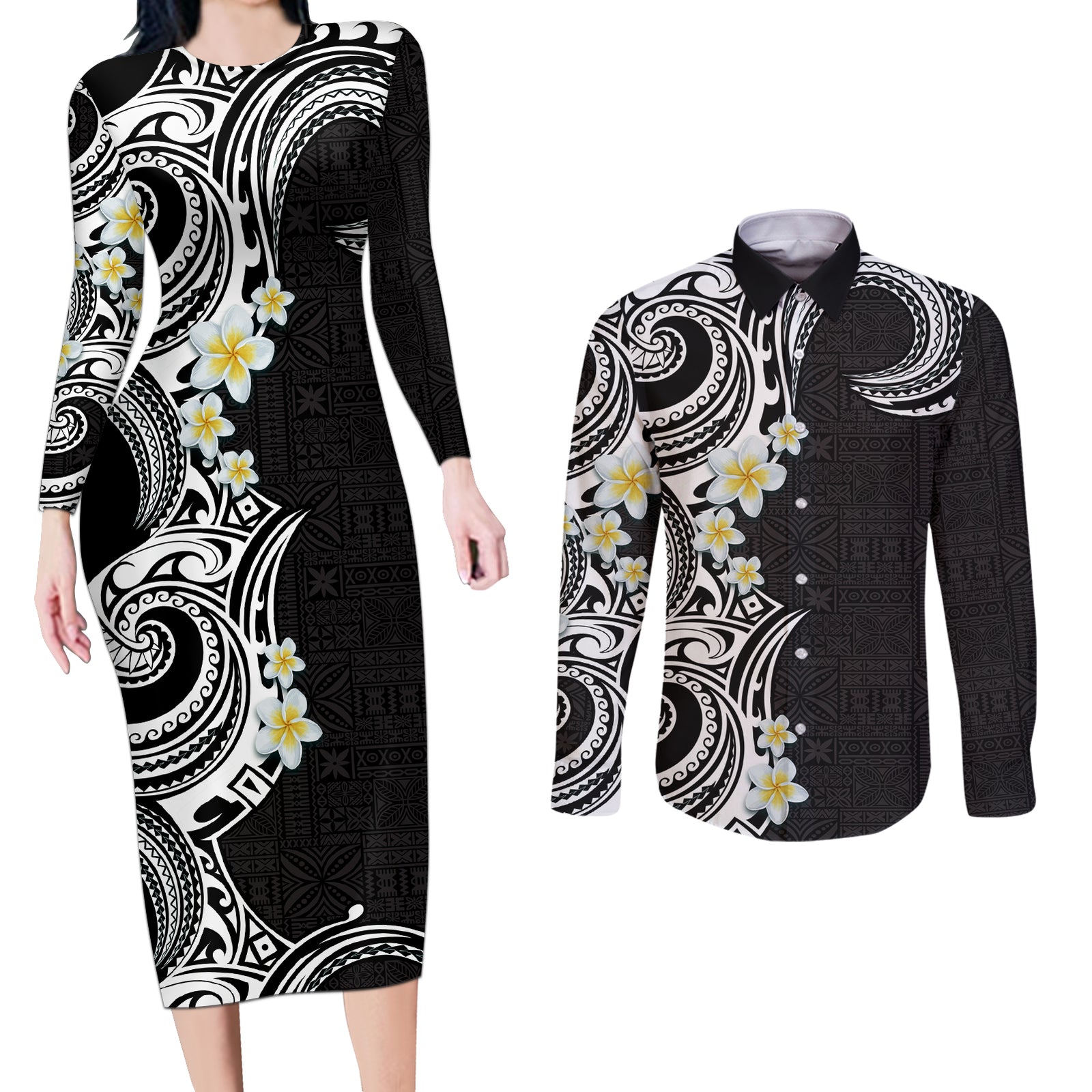 Aloha Polynesian Plumeria Flower Couples Matching Long Sleeve Bodycon Dress and Long Sleeve Button Shirt Black White Color