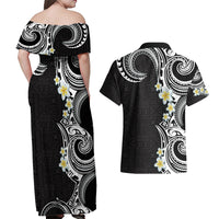 Aloha Polynesian Plumeria Flower Couples Matching Off Shoulder Maxi Dress and Hawaiian Shirt Black White Color LT03 - Polynesian Pride