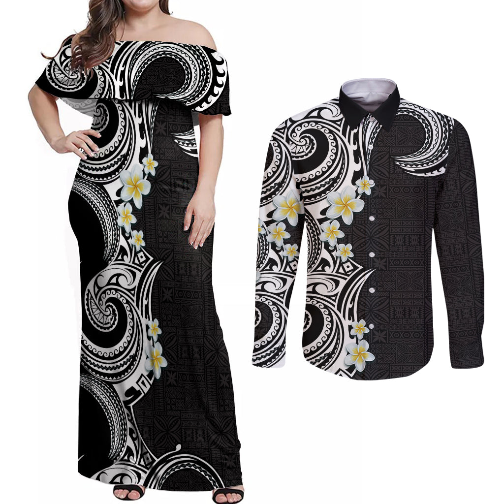Aloha Polynesian Plumeria Flower Couples Matching Off Shoulder Maxi Dress and Long Sleeve Button Shirt Black White Color