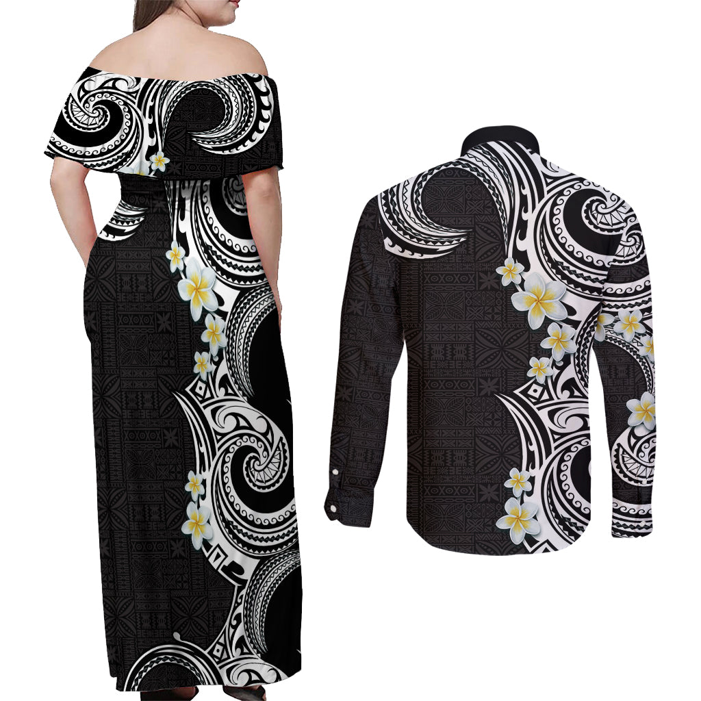 Aloha Polynesian Plumeria Flower Couples Matching Off Shoulder Maxi Dress and Long Sleeve Button Shirt Black White Color