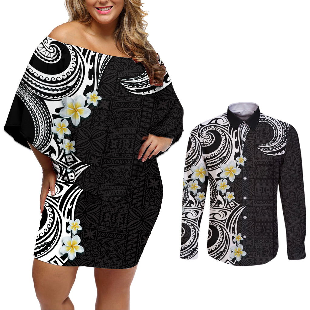 Aloha Polynesian Plumeria Flower Couples Matching Off Shoulder Short Dress and Long Sleeve Button Shirt Black White Color