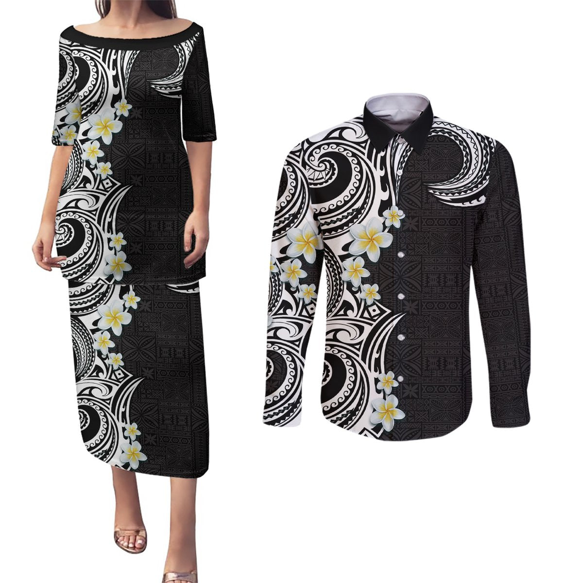 Aloha Polynesian Plumeria Flower Couples Matching Puletasi and Long Sleeve Button Shirt Black White Color LT03 Black - Polynesian Pride