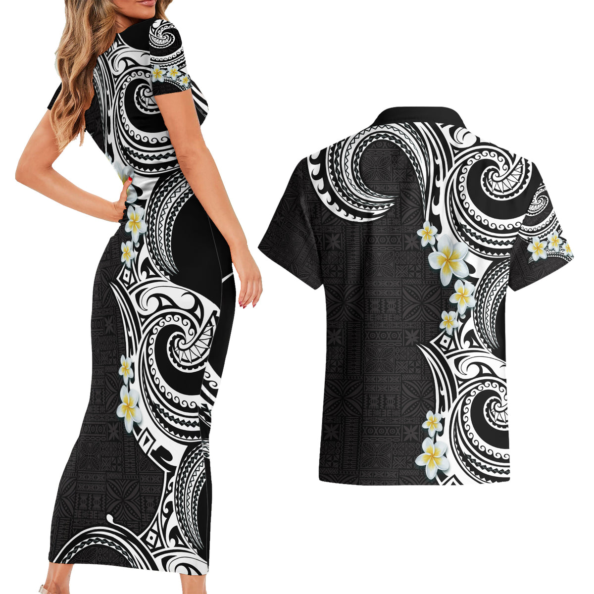 Aloha Polynesian Plumeria Flower Couples Matching Short Sleeve Bodycon Dress and Hawaiian Shirt Black White Color LT03 - Polynesian Pride