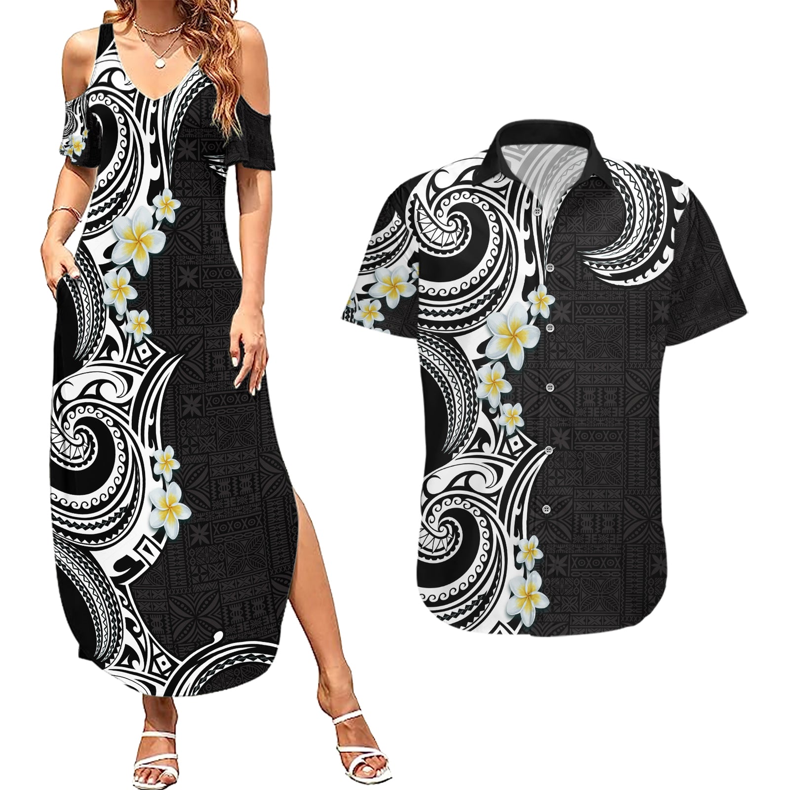Aloha Polynesian Plumeria Flower Couples Matching Summer Maxi Dress and Hawaiian Shirt Black White Color