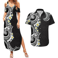 Aloha Polynesian Plumeria Flower Couples Matching Summer Maxi Dress and Hawaiian Shirt Black White Color