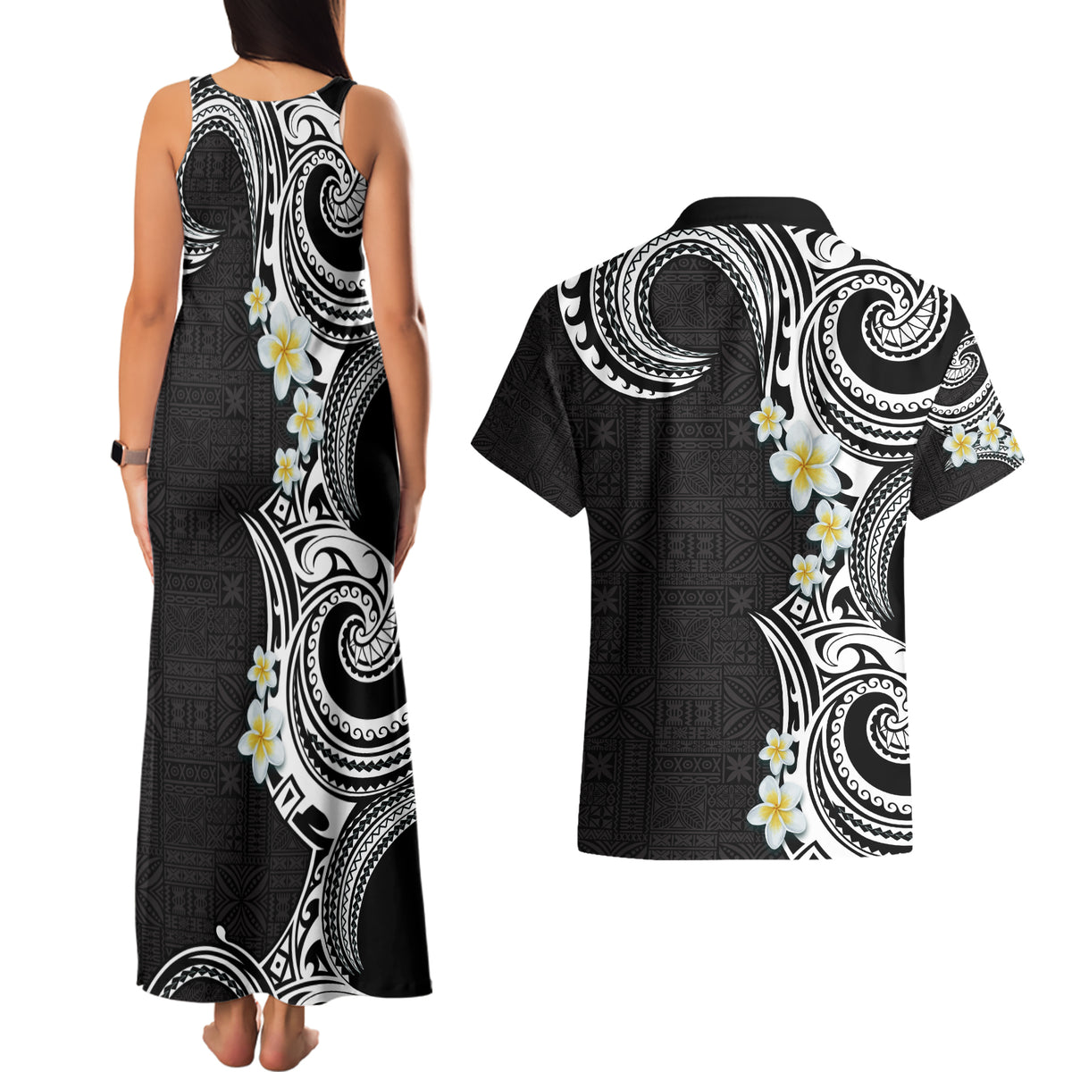 Aloha Polynesian Plumeria Flower Couples Matching Tank Maxi Dress and Hawaiian Shirt Black White Color