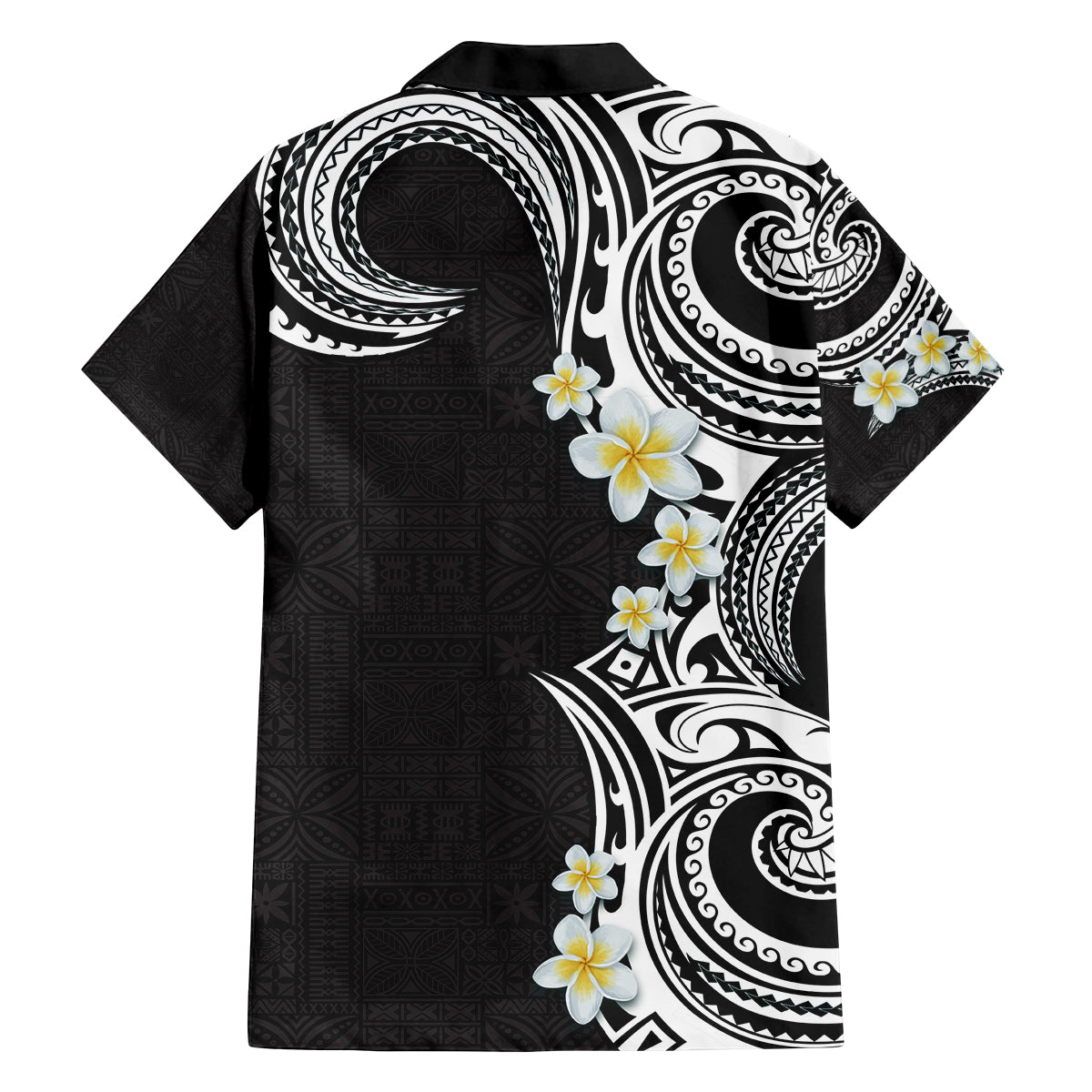 Aloha Polynesian Plumeria Flower Family Matching Long Sleeve Bodycon Dress and Hawaiian Shirt Black White Color