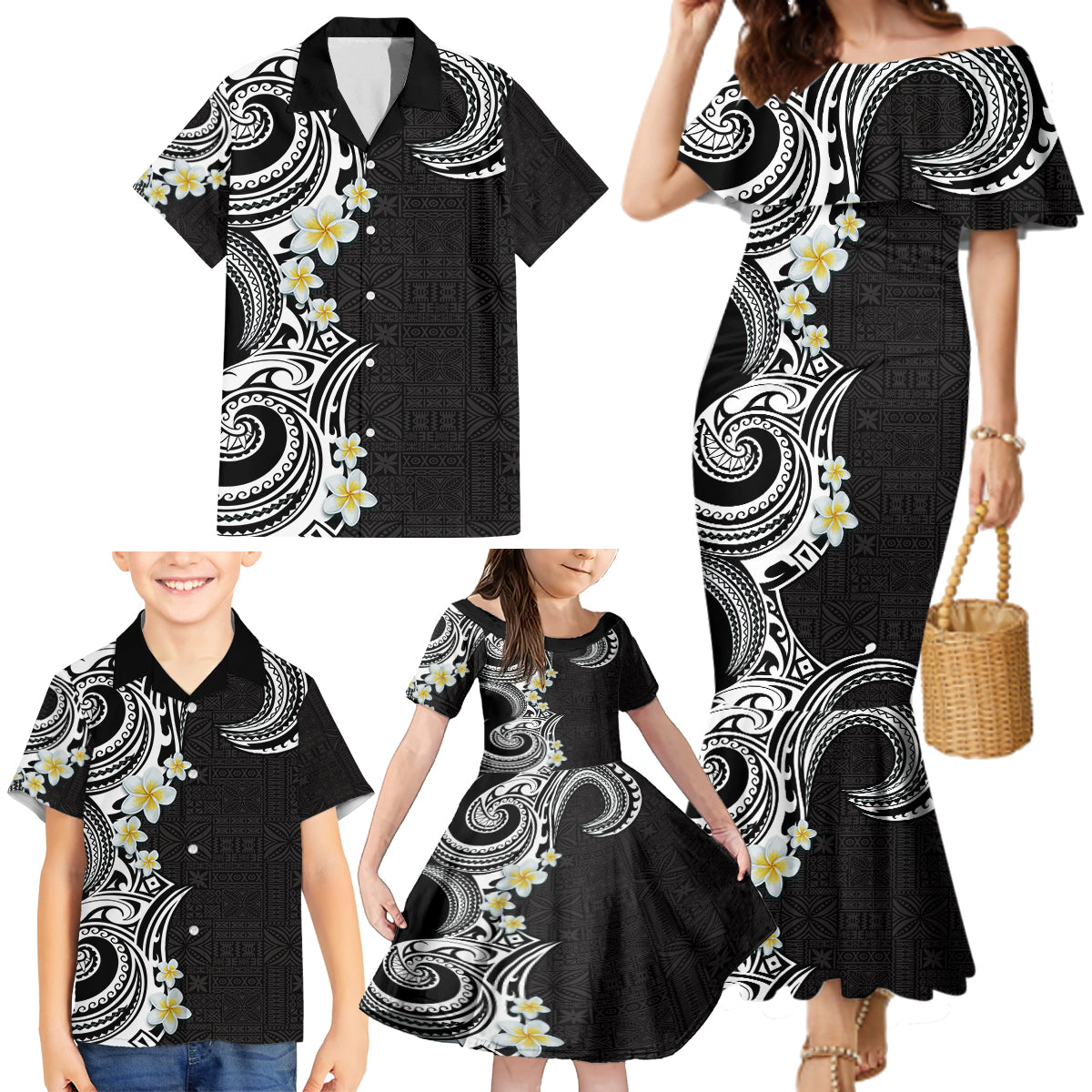 Aloha Polynesian Plumeria Flower Family Matching Mermaid Dress and Hawaiian Shirt Black White Color LT03 - Polynesian Pride