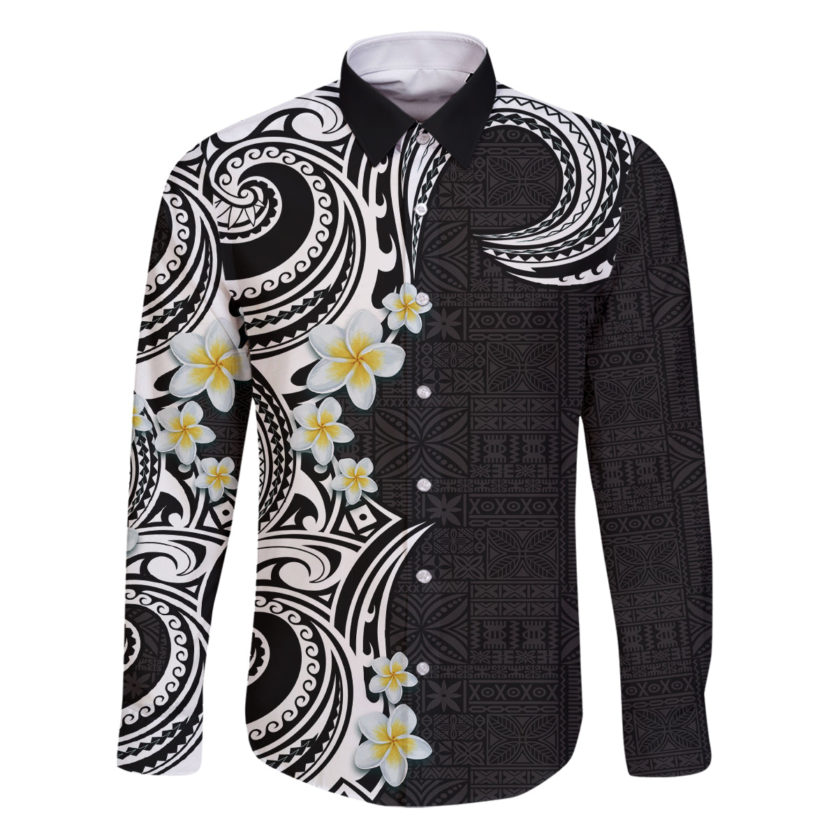 Aloha Polynesian Plumeria Flower Family Matching Mermaid Dress and Hawaiian Shirt Black White Color LT03 Dad's Shirt - Long Sleeve Black - Polynesian Pride
