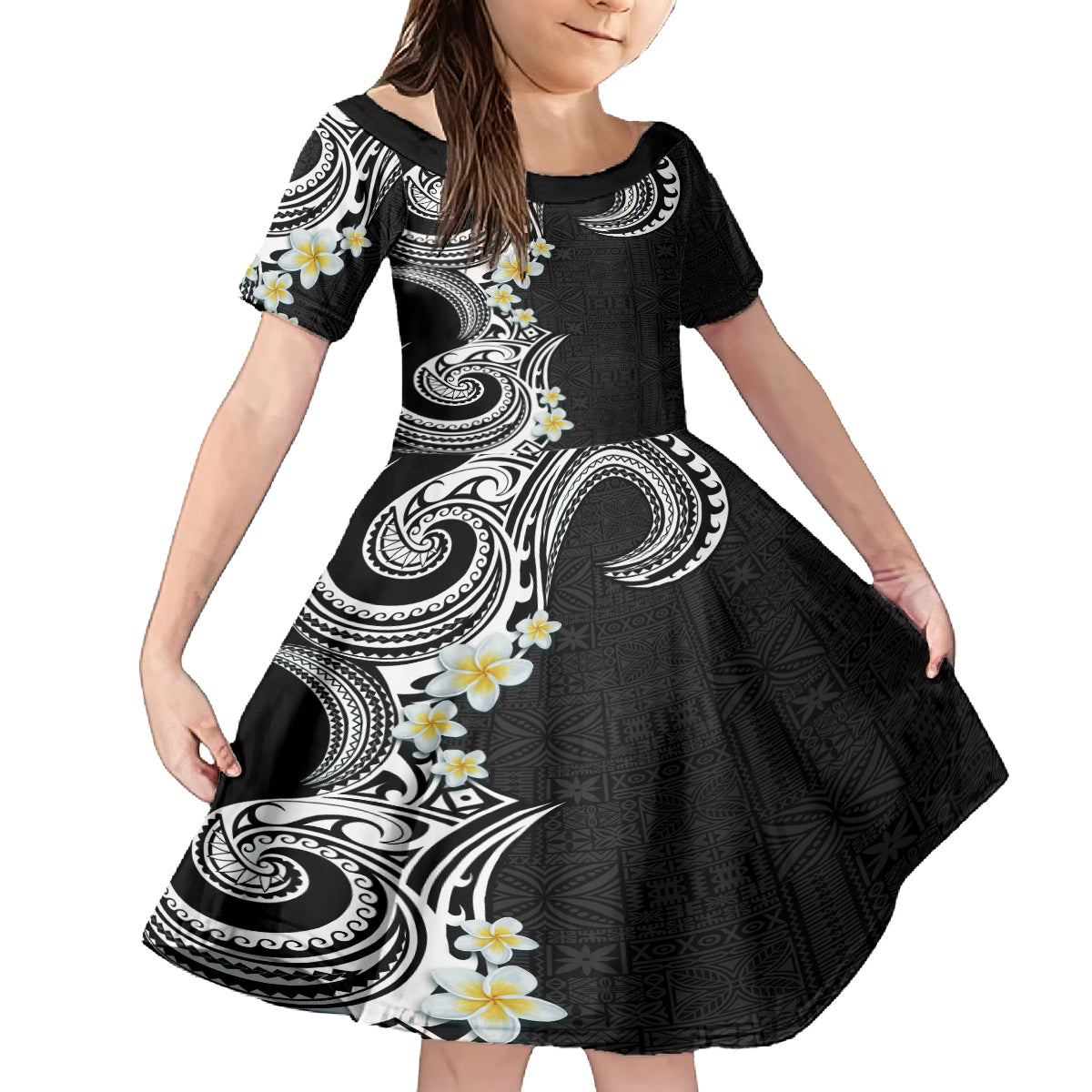Aloha Polynesian Plumeria Flower Family Matching Off Shoulder Maxi Dress and Hawaiian Shirt Black White Color LT03 Daughter's Dress Black - Polynesian Pride