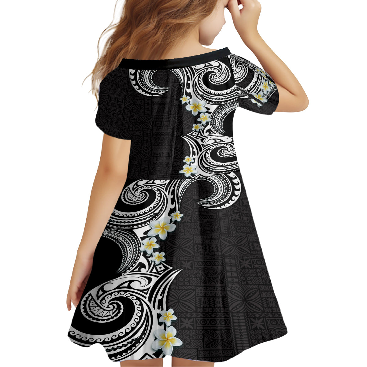 Aloha Polynesian Plumeria Flower Family Matching Off Shoulder Maxi Dress and Hawaiian Shirt Black White Color LT03 - Polynesian Pride