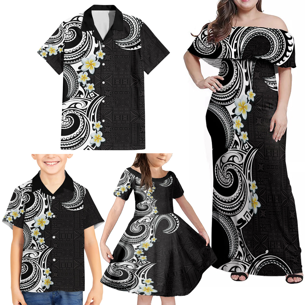 Aloha Polynesian Plumeria Flower Family Matching Off Shoulder Maxi Dress and Hawaiian Shirt Black White Color LT03 - Polynesian Pride
