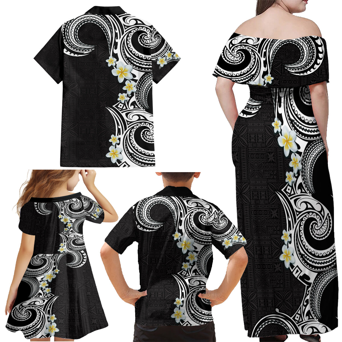 Aloha Polynesian Plumeria Flower Family Matching Off Shoulder Maxi Dress and Hawaiian Shirt Black White Color LT03 - Polynesian Pride