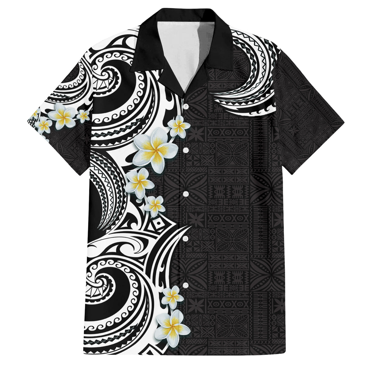 Aloha Polynesian Plumeria Flower Family Matching Off Shoulder Maxi Dress and Hawaiian Shirt Black White Color LT03 Dad's Shirt - Short Sleeve Black - Polynesian Pride