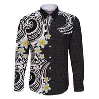 Aloha Polynesian Plumeria Flower Family Matching Off Shoulder Maxi Dress and Hawaiian Shirt Black White Color LT03 Dad's Shirt - Long Sleeve Black - Polynesian Pride