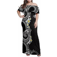 Aloha Polynesian Plumeria Flower Family Matching Off Shoulder Maxi Dress and Hawaiian Shirt Black White Color LT03 Mom's Dress Black - Polynesian Pride
