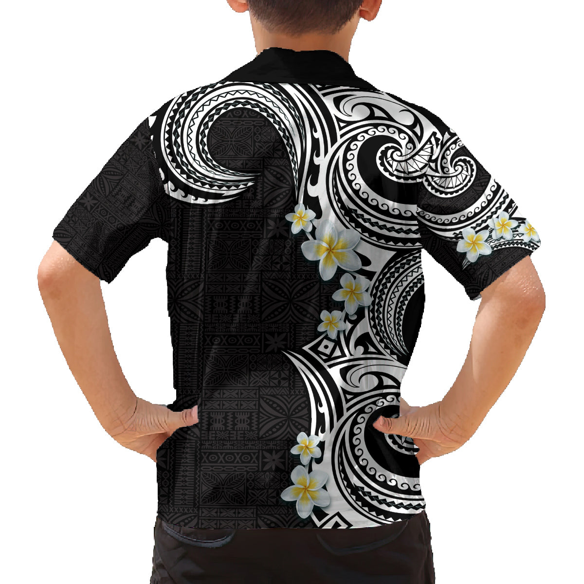 Aloha Polynesian Plumeria Flower Family Matching Puletasi and Hawaiian Shirt Black White Color LT03 - Polynesian Pride