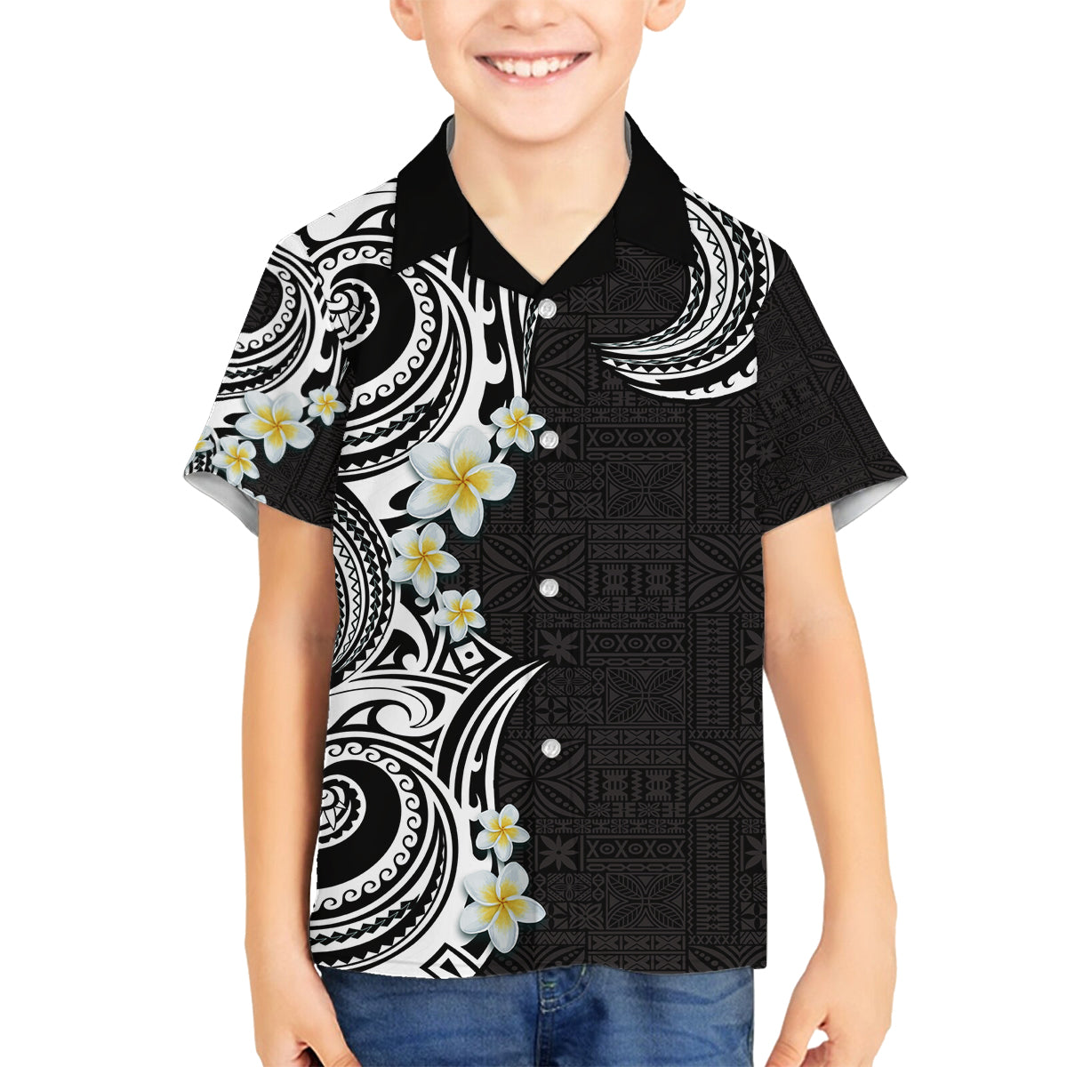 Aloha Polynesian Plumeria Flower Family Matching Puletasi and Hawaiian Shirt Black White Color LT03 Son's Shirt Black - Polynesian Pride