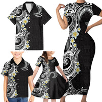Aloha Polynesian Plumeria Flower Family Matching Short Sleeve Bodycon Dress and Hawaiian Shirt Black White Color