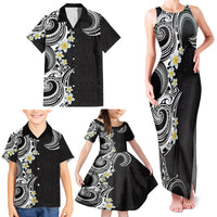 Aloha Polynesian Plumeria Flower Family Matching Tank Maxi Dress and Hawaiian Shirt Black White Color