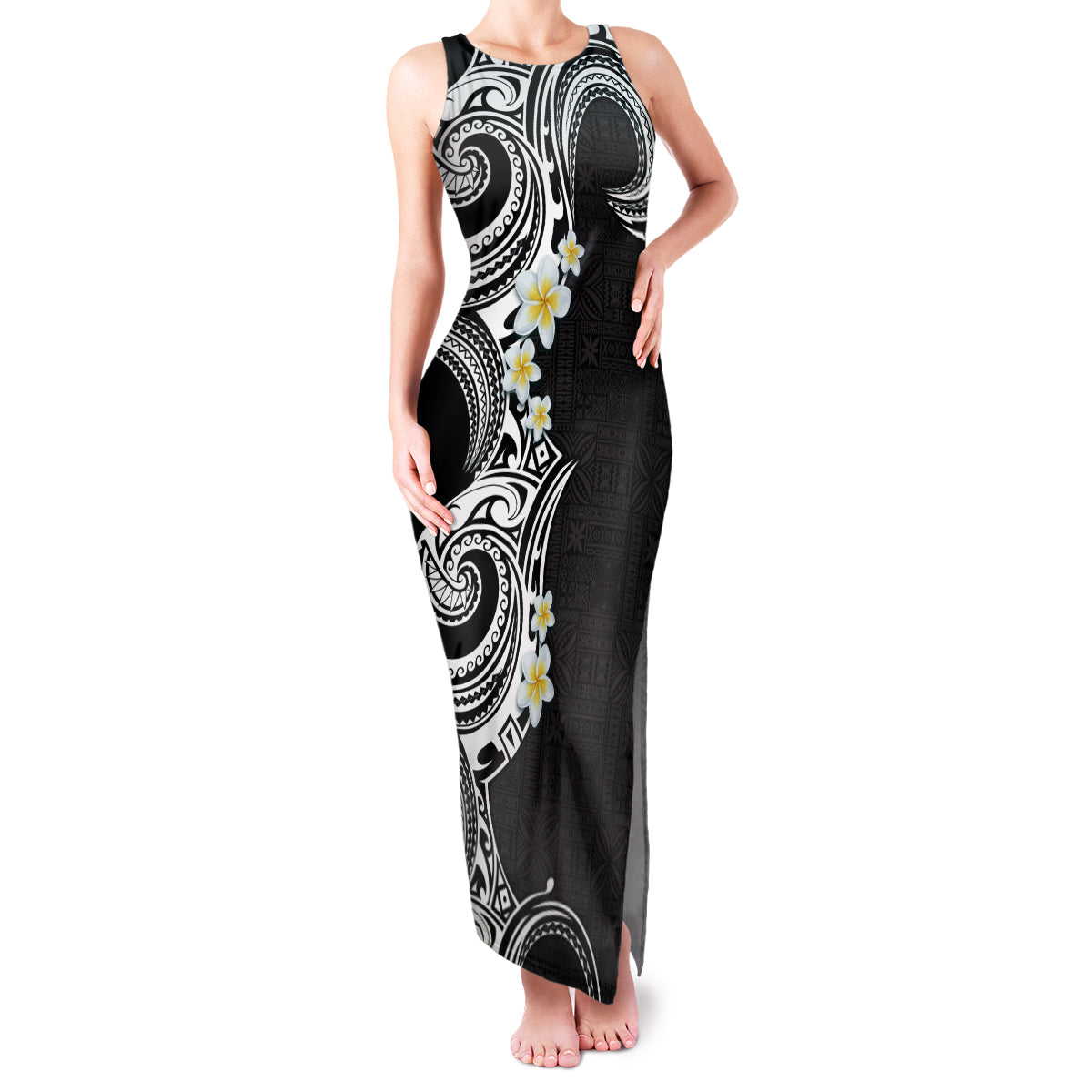 Aloha Polynesian Plumeria Flower Family Matching Tank Maxi Dress and Hawaiian Shirt Black White Color