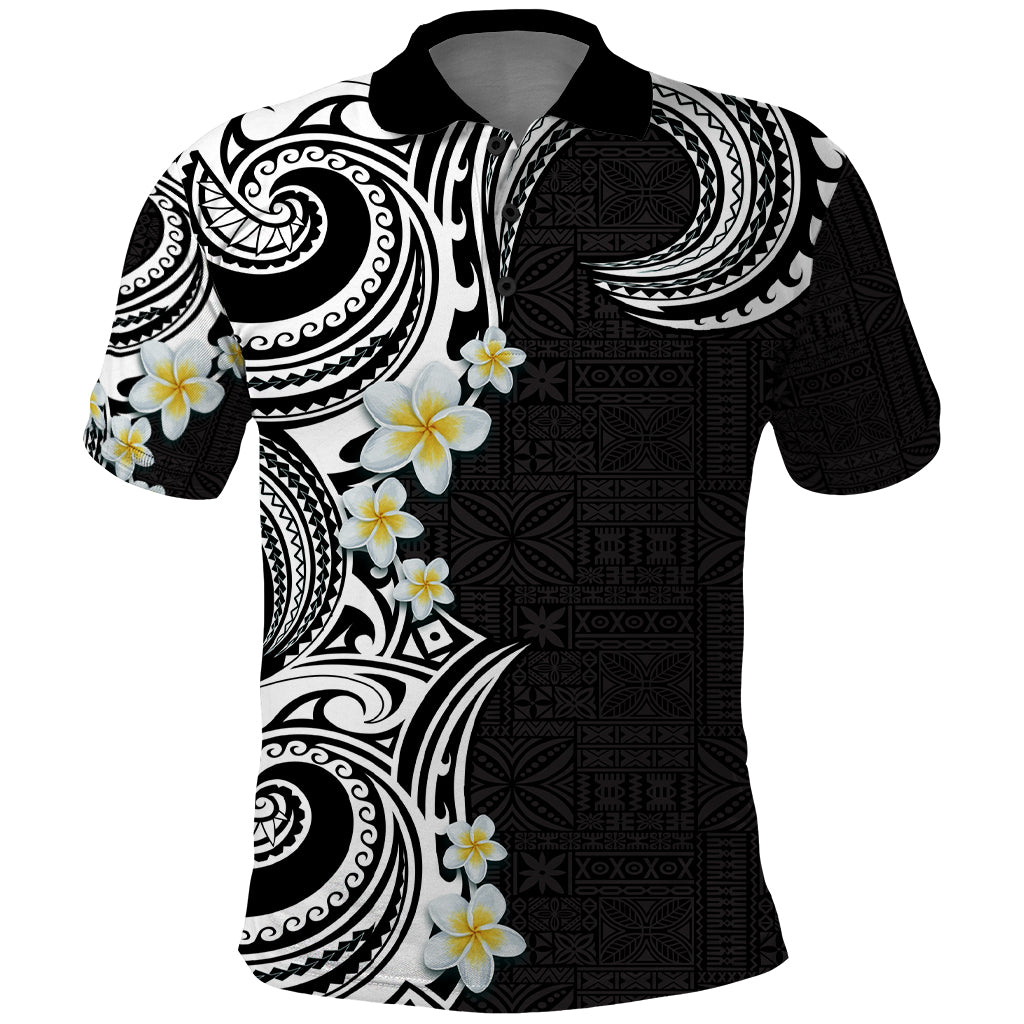 Aloha Polynesian Plumeria Flower Polo Shirt Black White Color LT03 Black - Polynesian Pride
