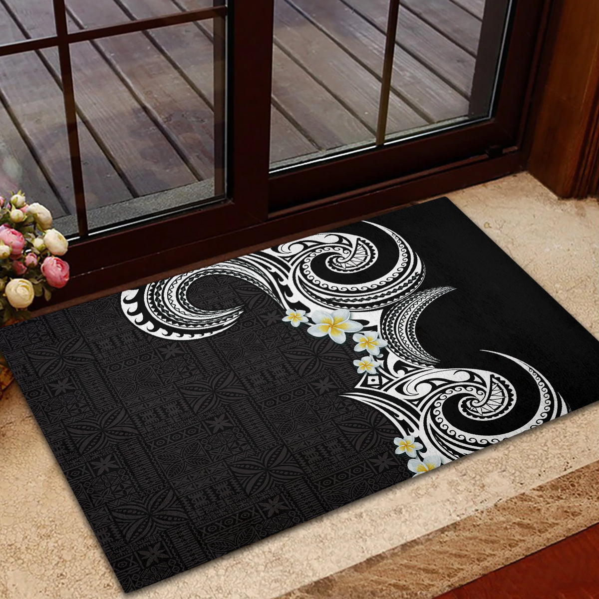 Aloha Polynesian Plumeria Flower Rubber Doormat Black White Color