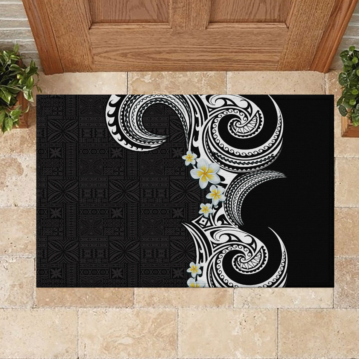 Aloha Polynesian Plumeria Flower Rubber Doormat Black White Color