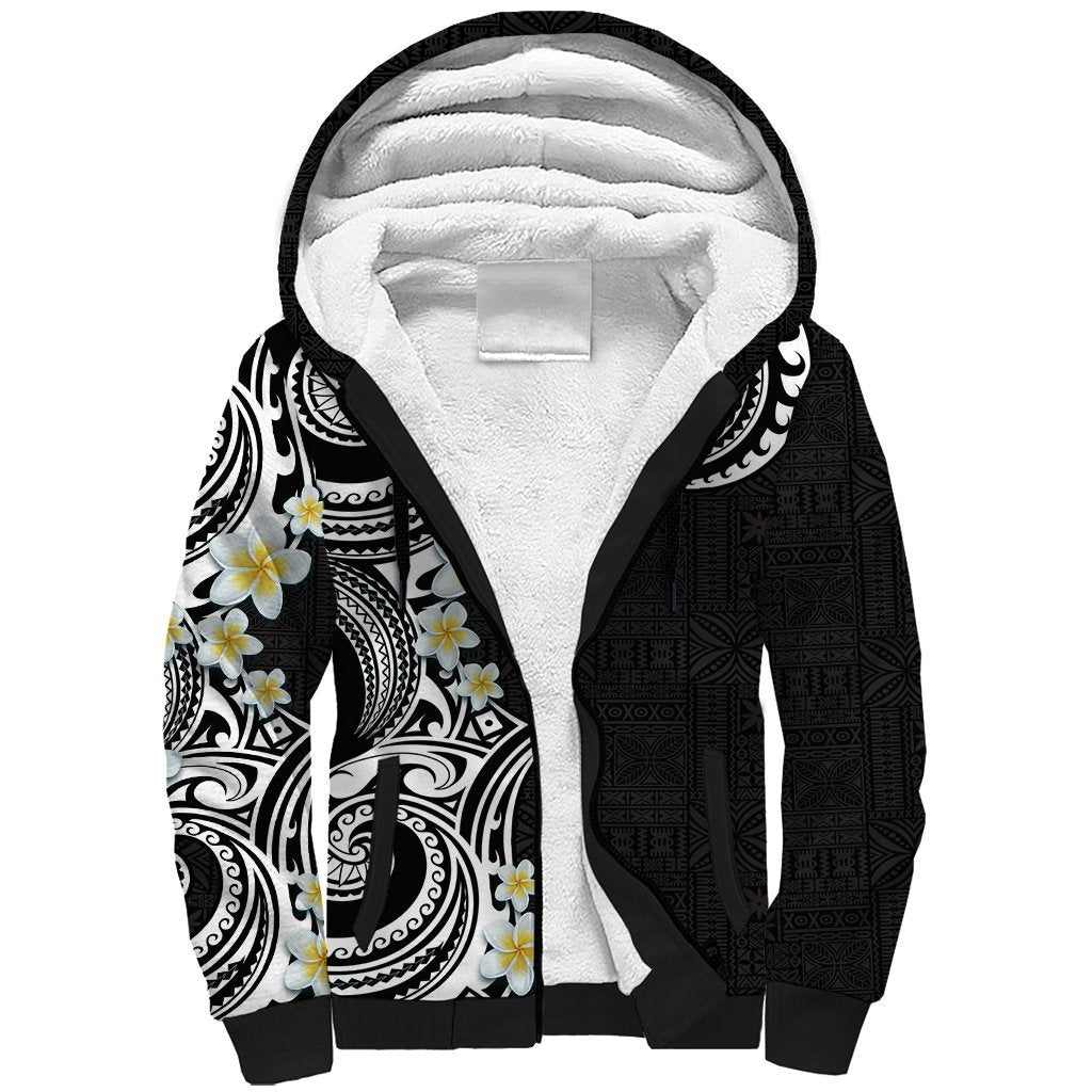 Aloha Polynesian Plumeria Flower Sherpa Hoodie Black White Color LT03 Unisex Black - Polynesian Pride