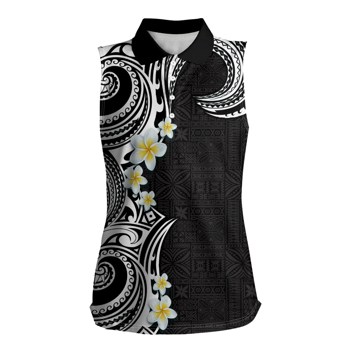 Aloha Polynesian Plumeria Flower Women Sleeveless Polo Shirt Black White Color LT03 Female Black - Polynesian Pride